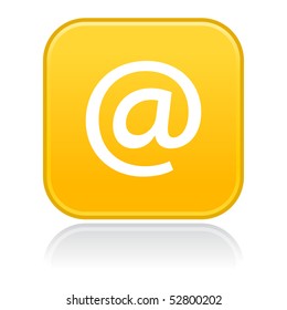 Yellow satined rounded squares button with at with gray reflection on white