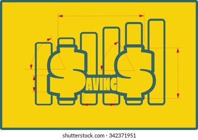 Yellow savings text on chart diagram. Savings progress sticker. Relative for banking. Bars silhouettes rise up. Measures lines