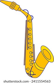 Yellow saxophone on white background, single line art style. Jazz music instrument, minimalistic design vector illustration.