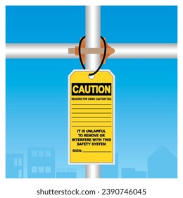 Yellow scaffolding tag hanging on the frame vector illustrations. Scaffolding work safety requirements. Incomplete scaffolding installation.