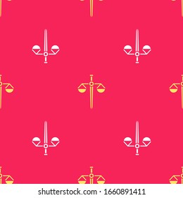 Yellow Scales of justice icon isolated seamless pattern on red background. Court of law symbol. Balance scale sign.  Vector Illustration