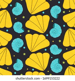 Yellow scallop and blue spiral sea shell. Vector seamless pattern on black background. Illustration for summer scrapbooking, Ocean Gift Wrap, Kids Fashion Prints, Beach Apparel. Cartoon style.