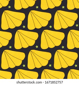 Yellow scallop seashell, clam, conch. Vector seamless pattern on black background. Illustration for summer scrapbooking, Ocean Gift Wrap, Kids Fashion Prints, Beach Apparel. 