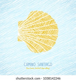 Yellow scallop shell. Symbol of the Camino de Santiago in Spain. Buen Camino! Don't stop walking. Poster or flyer. Light background. Pilgrim's navigation sign.