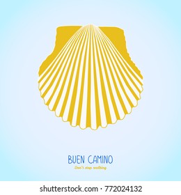 Yellow scallop shell. Symbol of the Camino de Santiago in Spain. Buen Camino! Don't stop walking. Poster or flyer. White background. Pilgrim's navigation sign.