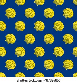 Yellow scallop shells on the blue background. Camino de Santiago sign. Seamless pattern. Pilgrim's navigation sign. Symbol of the Camino de Santiago in Spain.