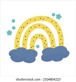 Gelber skandinavischer Regenbogen mit Wolke und Stern einzeln auf angesagtem, handgezeichnet Stil. Nordischer Regenbogen für Kinder. Vektorgrafik-Design.