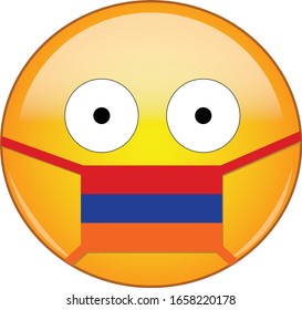 Yellow scared emoji in Armenian medical mask protecting from SARS, coronavirus, bird flu and other viruses, germs and bacteria and contagious disease as well as toxic smog and air pollution in Armenia