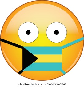 Yellow scared emoji in Bahamian medical mask protecting from SARS, coronavirus, bird flu and other viruses, germs and bacteria and contagious disease as well as toxic smog and air pollution in Bahamas