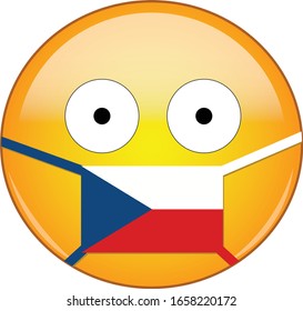 Yellow scared emoji in Czech medical mask protecting from SARS, coronavirus, bird flu and other viruses, germs and bacteria and contagious disease as well as toxic smog in Czechia.