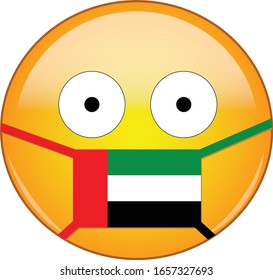 Yellow scared emoji in Emirati medical mask protecting from SARS, coronavirus, bird flu and other viruses, germs and bacteria and contagious disease as well as toxic smog and air pollution in UAE.