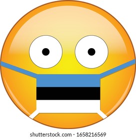 Yellow scared emoji in Estonian medical mask protecting from SARS, coronavirus, bird flu and other viruses, germs and bacteria and contagious disease as well as toxic smog in Estonia.