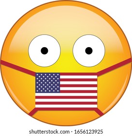 Yellow scared emoji face in American medical mask protecting from SARS, coronavirus, bird flu and other viruses, germs and bacteria and contagious disease as well as toxic smog and air pollution in USA.