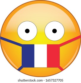 Yellow scared emoji in French medical mask protecting from SARS, coronavirus, bird flu and other viruses, germs and bacteria and contagious disease as well as toxic smog and air pollution in France.