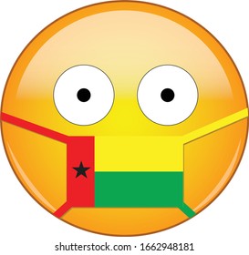 Yellow scared emoji in Guinean medical mask protecting from SARS, coronavirus, bird flu and other viruses, germs and bacteria and contagious disease as well as toxic smog in Guinea Bissau.