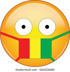 Yellow scared emoji in Guinean medical mask protecting from SARS, coronavirus, bird flu and other viruses, germs and bacteria and contagious disease as well as toxic smog in Guinea.