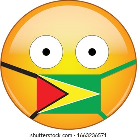 Yellow scared emoji in Guyanese medical mask protecting from SARS, coronavirus, bird flu and other viruses, germs and bacteria and contagious disease as well as toxic smog in Guyana.