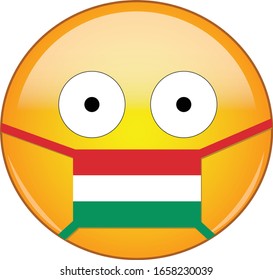 Yellow scared emoji in Hungarian medical mask protecting from SARS, coronavirus, bird flu and other viruses, germs and bacteria and contagious disease as well as toxic smog in Hungary.