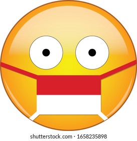 Yellow scared emoji in Indonesian medical mask protecting from SARS, coronavirus, bird flu and other viruses, germs and bacteria and contagious disease as well as toxic smog in Indonesia.