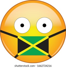 Yellow scared emoji in Jamaican medical mask protecting from SARS, coronavirus, bird flu and other viruses, germs and bacteria and contagious disease as well as toxic smog in Jamaica.