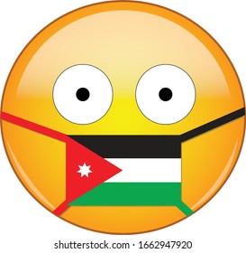 Yellow scared emoji in Jordanian medical mask protecting from SARS, coronavirus, bird flu and other viruses, germs and bacteria and contagious disease as well as toxic smog in Jordania.