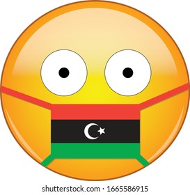 Yellow scared emoji in Libyan medical mask protecting from SARS, coronavirus, bird flu and other viruses, germs and bacteria and contagious disease as well as toxic smog in Libya.