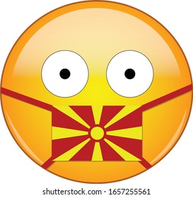 Yellow scared emoji in Macedonian medical mask protecting from SARS, coronavirus, bird flu and other viruses, germs and bacteria and contagious disease as well as air pollution in Macedonia.
