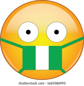 Yellow scared emoji in Nigerian medical mask protecting from SARS, coronavirus, bird flu and other viruses, germs and bacteria and contagious disease as well as toxic smog in Nigeria.