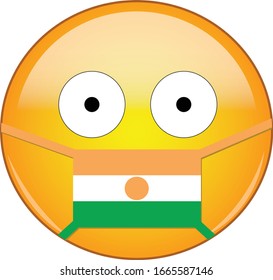 Yellow scared emoji in Nigerois medical mask protecting from SARS, coronavirus, bird flu and other viruses, germs and bacteria and contagious disease as well as toxic smog in Nigerian.