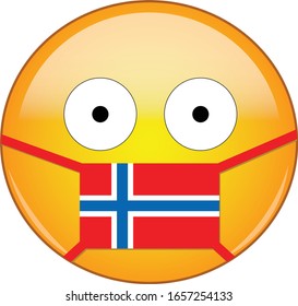 Yellow scared emoji in Norwegian medical mask protecting from SARS, coronavirus, bird flu and other viruses, germs and bacteria and contagious disease as well as toxic smog and air pollution in Norway