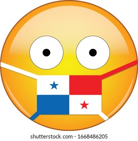 Yellow scared emoji in Panamanian medical mask protecting from SARS, coronavirus, bird flu and other viruses, germs and bacteria and contagious disease as well as toxic smog in Panama.