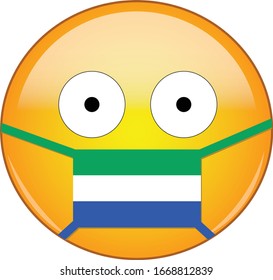 Yellow scared emoji in Sierra Leonean medical mask protecting from SARS, coronavirus, bird flu and other viruses, germs and bacteria and contagious disease as well as toxic smog in Sierra Leone.