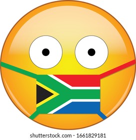 Yellow scared emoji in South African medical mask protecting from SARS, coronavirus, bird flu and other viruses, germs and bacteria and contagious disease as well as toxic smog in South Africa.