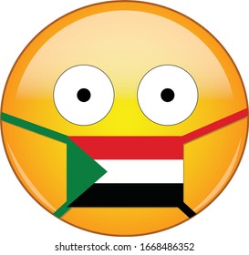 Yellow scared emoji in Sudanese medical mask protecting from SARS, coronavirus, bird flu and other viruses, germs and bacteria and contagious disease as well as toxic smog in Sudan.
