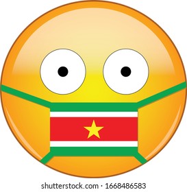 Yellow scared emoji in Surinamer medical mask protecting from SARS, coronavirus, bird flu and other viruses, germs and bacteria and contagious disease as well as toxic smog in Suriname.