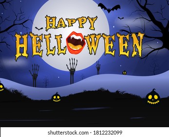 Yellow Scary Happy Halloween Font with Monster Mouth, Jack-O-Lanterns, Bats Flying and Skeleton Hands on Full Moon Blue Forest Background.