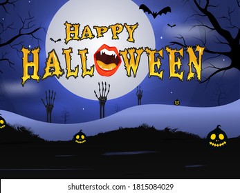Yellow Scary Happy Halloween Font with Monster Mouth, Jack-O-Lanterns, Bats Flying and Skeleton Hands on Full Moon Blue Forest Background.