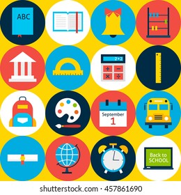Yellow School Background with Circles. Flat Style Vector Pattern. Education and College.