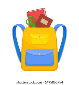 Yellow school backpack with a blue pocket. Vector illustration on a white background.