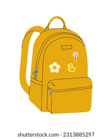 Concepto de mochila de escuela amarilla. Educación, aprendizaje y formación. Accesorio de moda y moda Sticker para redes sociales. Dibujo vectorial plano de dibujos animados aislado en fondo blanco