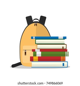 Yellow school backpack in front of stack of books isolated on white background. flat vector design. concept of education