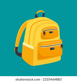Mochila de escuela amarilla de fondo azul. Ilustración de dibujos animados.
