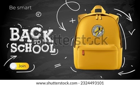 Yellow school backpack over black school board background with chalk doodle, vector illustration