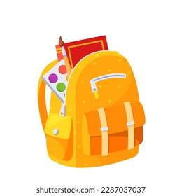 Yellow School Bag With Dotted Pattern, Accompanied By Textbook, Paintbrush and Paints. Great For Promoting School