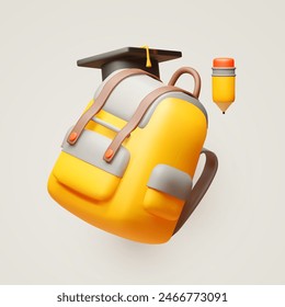 Yellow school bag with hat and pencil. Student backpack. Back to school design