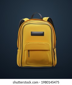 Yellow school bag isolated on dark background. Vector 3d illustration. School backpack. Orange rucksack. Educational concept