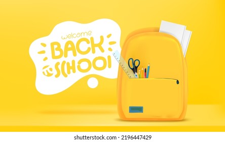 Yellow school bag with stationery and Back to school inscriptiom. 3d vector banner 