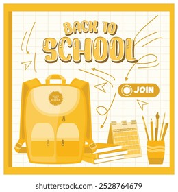 Yellow school bag with school supplies. Checkered background with doodles. Back to School concept. Flat vector illustration.