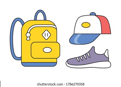 Yellow school bag or travel backpack, baseball cap and black white modern running sport sneaker shoe isolated cartoon vector line icons.