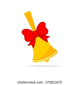 Yellow school bell with red bow. Vector illustration. Hand bell icon isolated on white background.